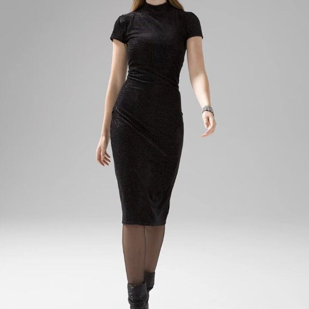 WHBM | Velvet Mock Neck Sheath Dress Black Metallic Stretch Size Medium